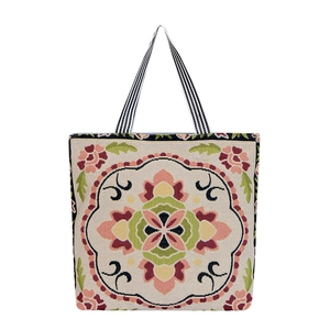 Retro floral embroidered canvas tote bag with bohemian patterns and striped straps
