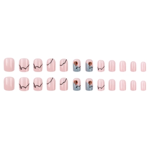 24pcs pink press-on nails with minimalist geometric abstract lines and dots patterns