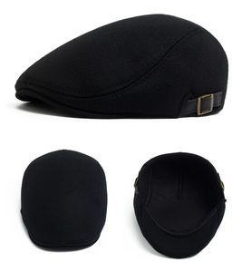 Detailed multi-angle view of a classic black wool flat cap for men's winter style