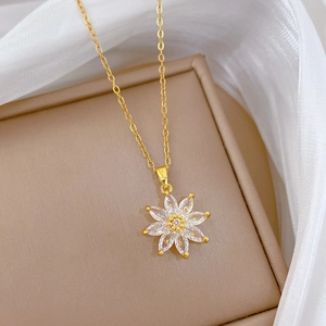 Elegant gold titanium steel necklace with a sparkling eight-petal crystal flower pendant