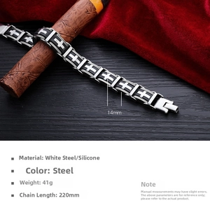 Detailed view of stainless steel cross bracelet for men with silicone band and size specs