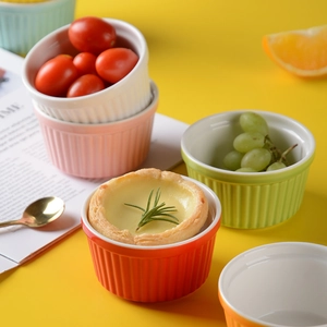 Colorful fluted ceramic ramekin set for baking souffles and serving fruit snacks