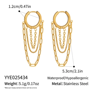 Detailed view of gold stainless steel chain fringe earrings with precise size measurements