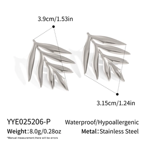 Detailed view of silver leaf stud earrings with size specs and waterproof metal labels