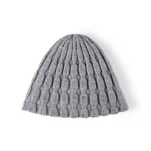Thick grey jacquard knit beanie for women with warm ribbed texture and stylish soft design