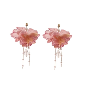 Pink fabric flower tassel earrings with crystals and imitation pearls on white background