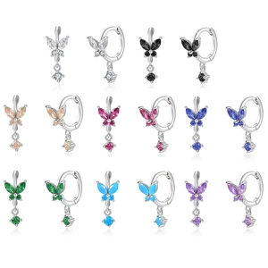 Detailed macro view of 925 silver butterfly earrings with colorful cubic zirconia stones