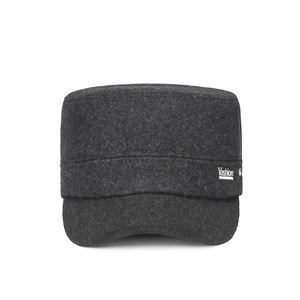 Winter dark grey wool cadet cap with V logo for men, featuring ear protection and warm lining