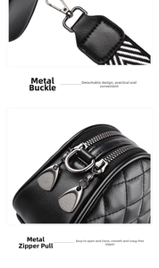 Detail of black quilted leather bag showing silver lobster clasp and striped woven strap