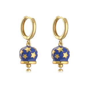 Star pattern bell hoop earrings in gold finish with royal blue enamel charms