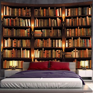 Realistic vintage library bookshelf tapestry for home bedroom wall decoration