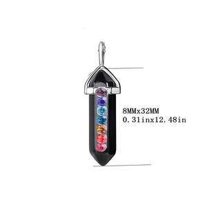 Black hexagonal prism crystal pendant with seven chakra stones and dimensions 8x32mm