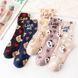 Cotton Crew Socks Cartoon Animal Heart Pattern Love Me Lettering Casual Cute Sweet Mid Calf Hosiery For Women