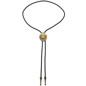 Detailed close-up of a vintage bronze cowboy hat bolo tie with black braided leather cord