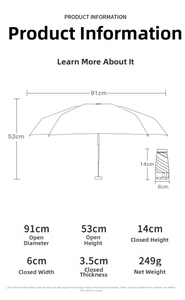 Detailed size chart showing compact dimensions of the flat cherry sun umbrella