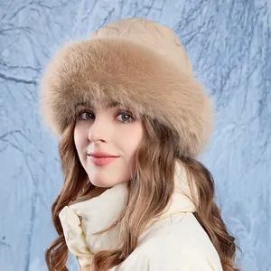 Winter plush faux fur bucket hat with beige quilted top and warm ear protection for women