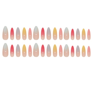 Rainbow gradient almond press-on nails set with vibrant glossy finish on white background
