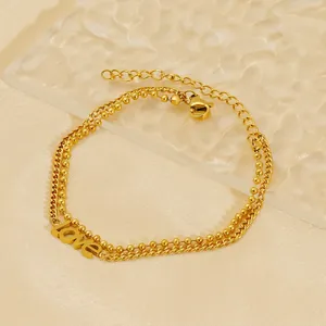 Double Layer Stainless Steel Bracelet With Love Letter Pendant 18K Gold Plated Bead Chain Link Chain For Women Fashion