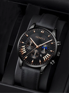 Close-up of black Geneva quartz watch with leather strap in a premium gift box