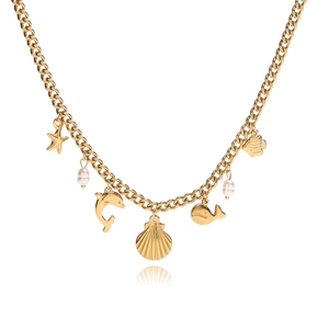 Detail of 18K gold plated stainless steel necklace with ocean charms and pearls