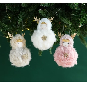 Detailed plush Christmas angel ornaments in beige, white and pink with glitter accents