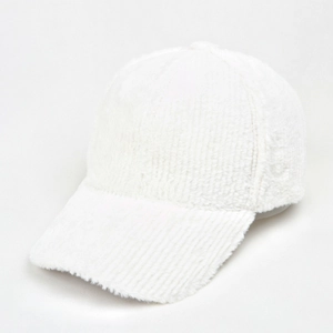 Detailed texture of white plush baseball cap with vertical stripes and faux fur finish