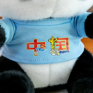 Detailed view of a panda plush toy souvenir wearing a light blue China printed T-shirt