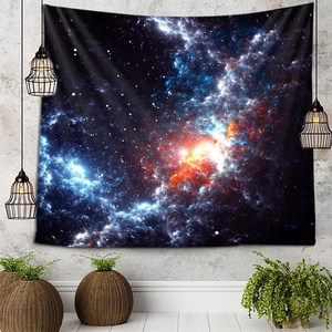 Cosmic galaxy nebula tapestry for wall decoration with deep blue and orange starry sky
