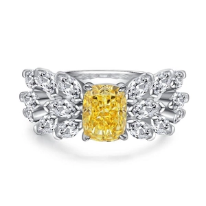 Elegant S925 silver feather ring with 2ct radiant cut yellow gemstone and marquise accents