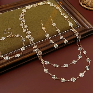 French vintage hollow rhombus jewelry set with layered necklace earrings and bracelet
