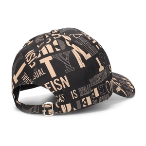 Black street style baseball cap with beige letter prints and silver metal buckle adjustment