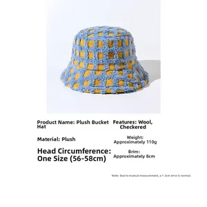 Detailed size specifications of blue and yellow plaid plush bucket hat with brim measurements