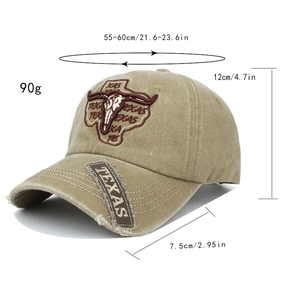 Detailed size specifications for a washed khaki baseball cap with Texas embroidery