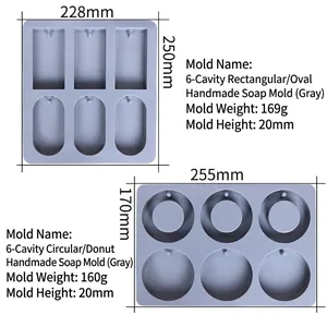 Lot de moules à savon en silicone gris avec motifs rectangulaires et ronds à 6 cavités