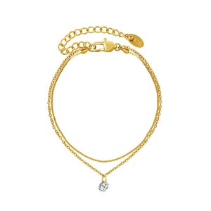 Double-layered 18K gold plated titanium steel anklet with round zircon pendant