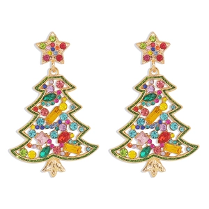 Detailed view of Christmas tree earrings with multi-colored crystals and gold plating