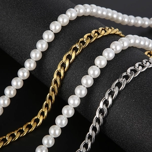 Collier cubain en acier inoxydable avec perles et pendentif croix pour hommes et femmes