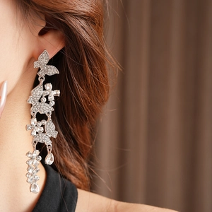 Close-up of sparkling butterfly tassel earrings with crystal fringe worn by a model