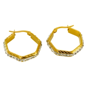 Elegant gold plated stainless steel hexagonal earrings with white zircon inlay