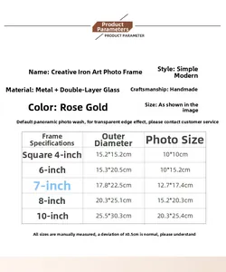 Detailed size chart for rose gold metal photo frames in various square and 3D dimensions