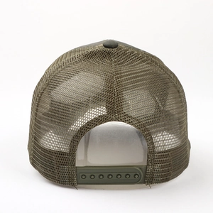 Rear view of olive green mesh trucker baseball hat with adjustable snapback strap