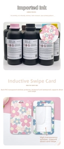 Detail of floral PVC ID card holder with UV printed ink bottles for students and kids