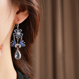 Elegant floral and butterfly tassel earrings with blue zircon water drop pendants
