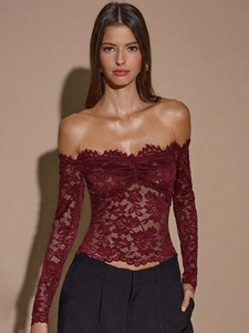 Top In Pizzo Con Spalle Scoperte Rosso Vino Donna Manica Lunga Trasparente Floreale Slim Fit Sexy Camicetta