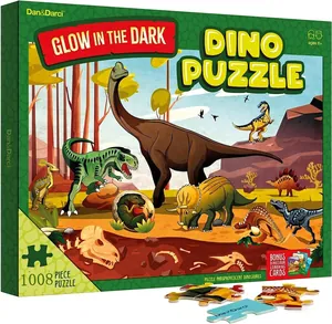 Close-up of 1008-piece dinosaur jigsaw puzzle pieces with glow in the dark features