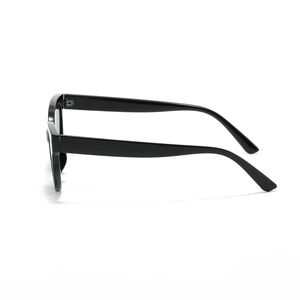 Classic black square cat-eye sunglasses with wide frames shown from a side profile view