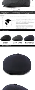Detail view of winter flat cap with 5cm brim measurement and wool blend fabric specs