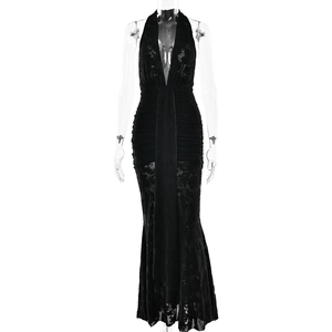 Elegant black lace halter evening dress with deep V-neck and slim-fit fishtail silhouette