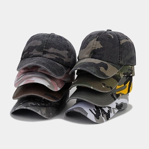 Detailed grid view of diverse camouflage baseball caps with vintage washed fabric texture