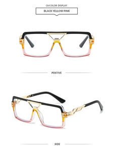 Close-up of square sunglasses with tri-color gradient lenses and gold metal frames